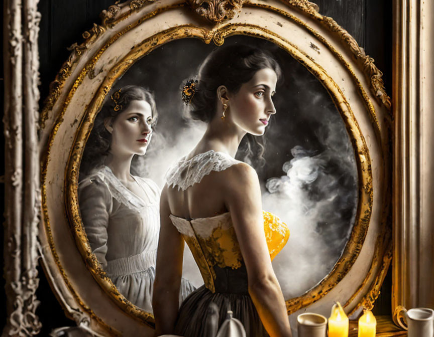 Vintage-dressed woman reflected in ornate mirror with swirling vapor-like element