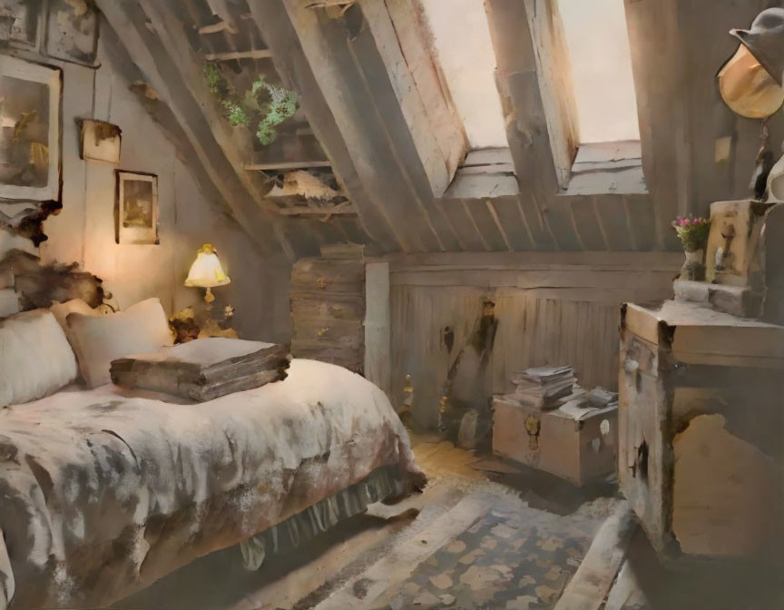 Rustic attic bedroom with sloped ceiling, worn bedding, antique lamp, wooden furniture