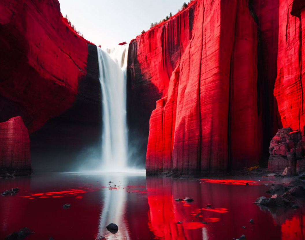 Red Cliff Waterfall Flows into Serene Pool