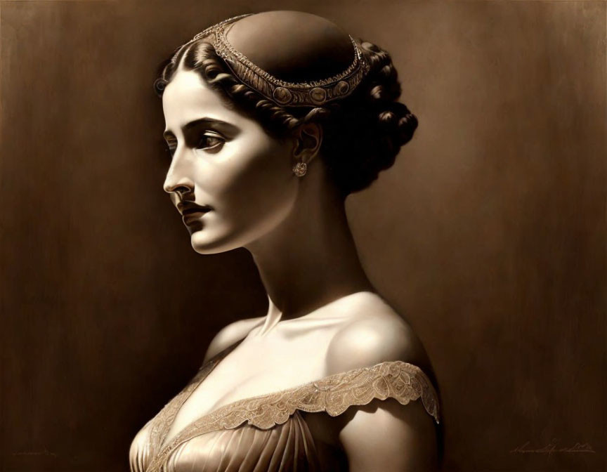 Sepia-Toned Portrait of Woman in Profile with Elegant Attire