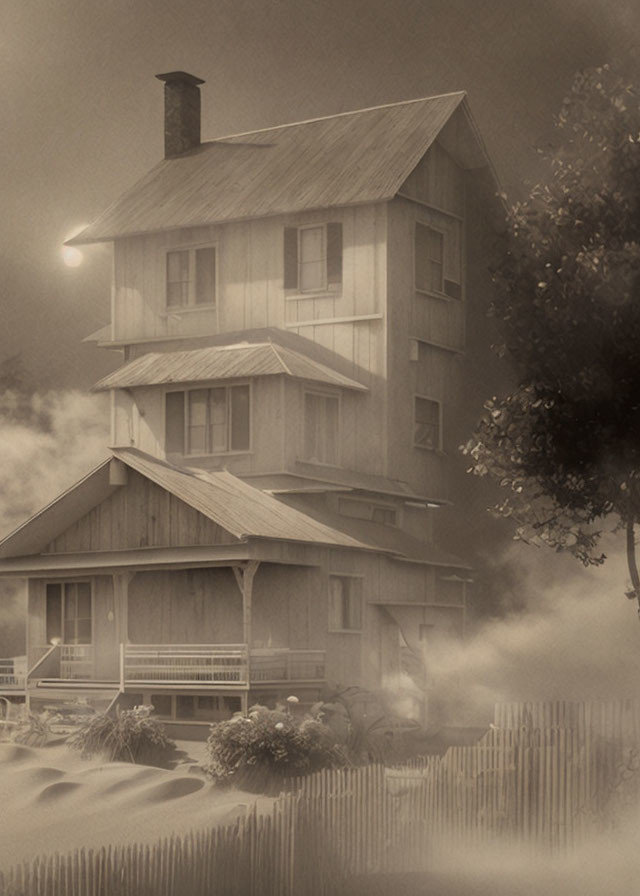 Sepia-Toned Image of Mysterious Two-Story House in Fog