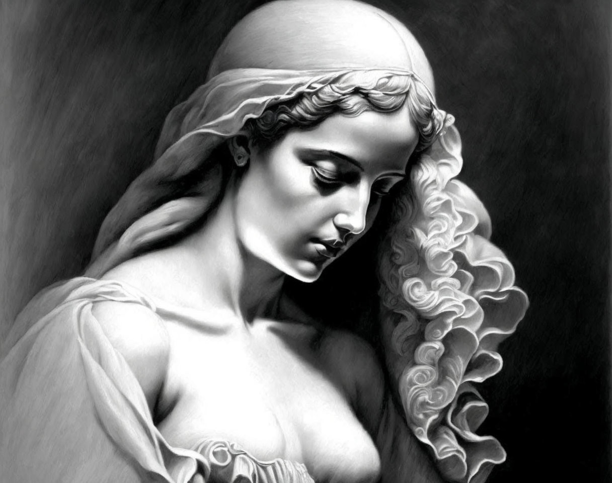 Monochrome classical female figure in draped clothing and curls