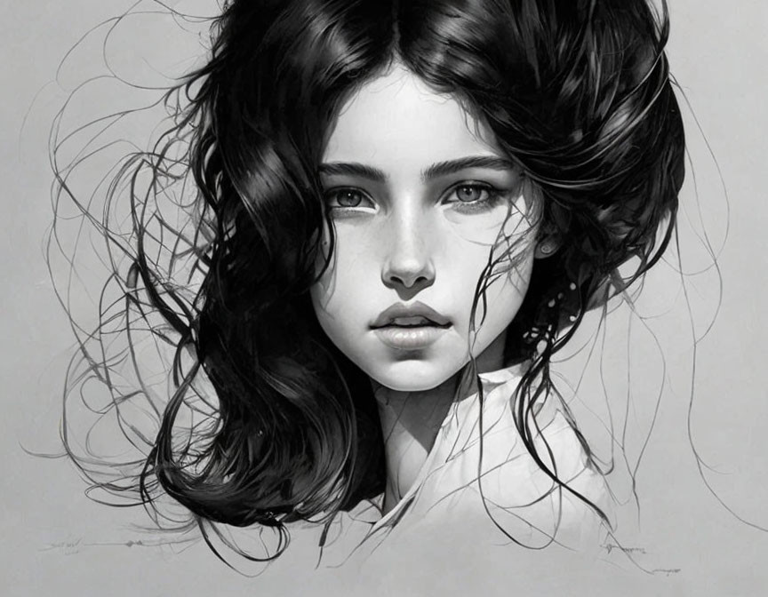 Monochrome illustration of young woman with voluminous hair and expressive eyes