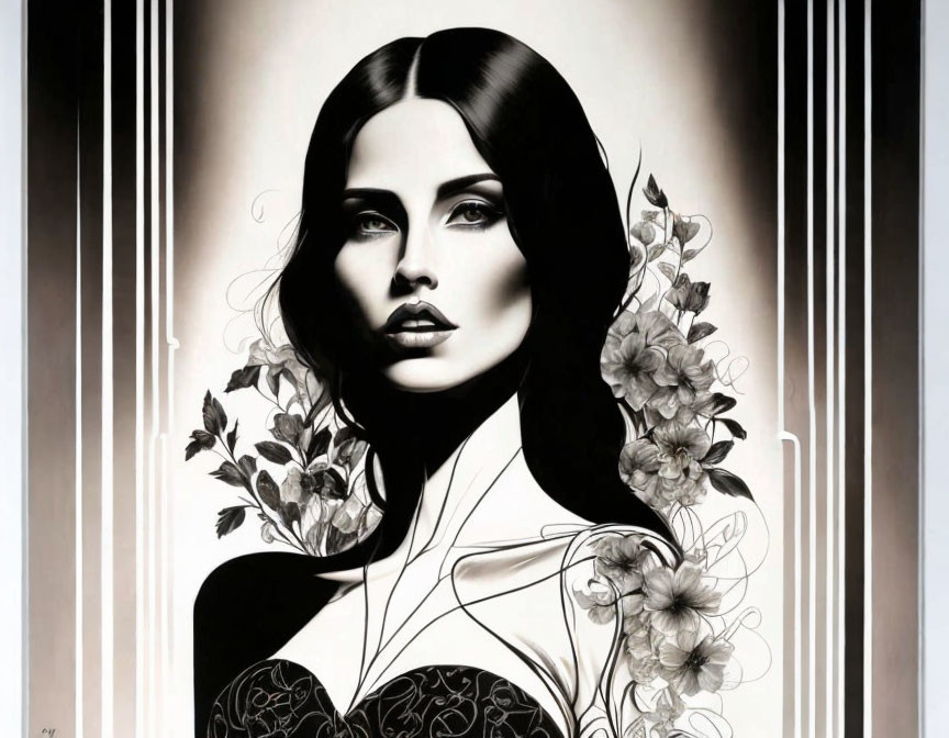 Stylized monochrome portrait of woman with flowing hair and floral elements on striped backdrop