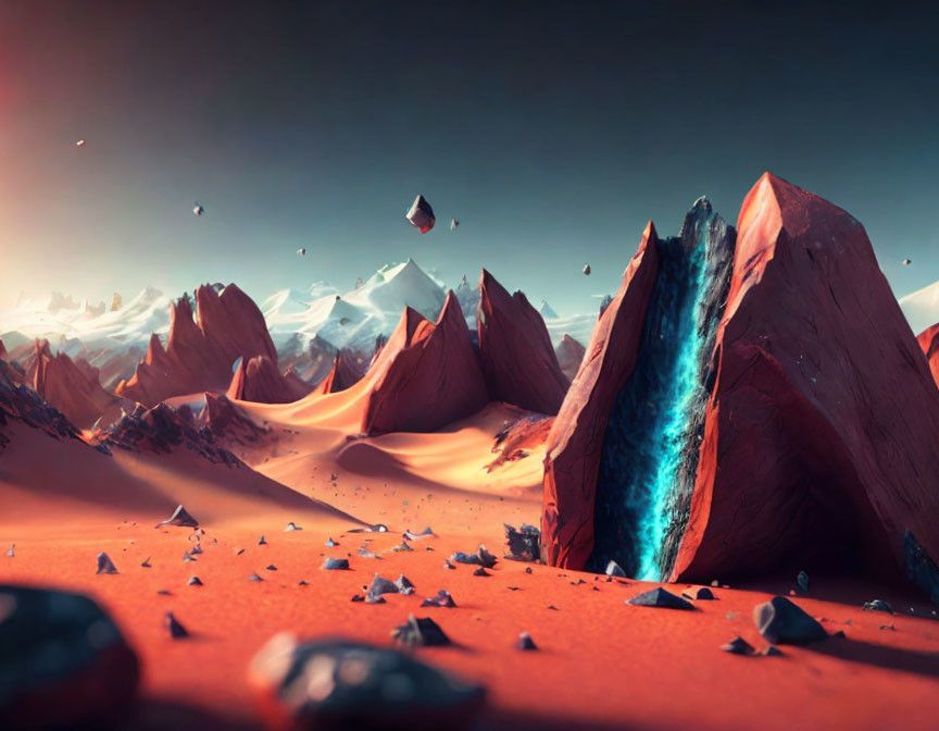 Surreal landscape with red rocky peaks, split mountain, blue light, sand dunes, floating