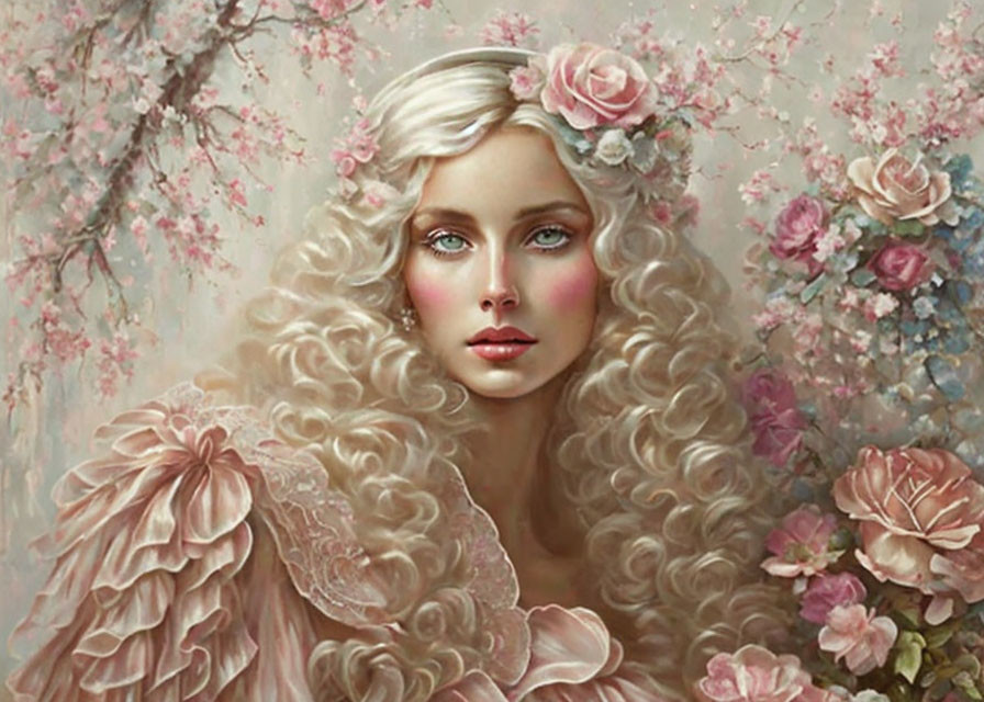 Blonde woman with roses in a romantic floral setting