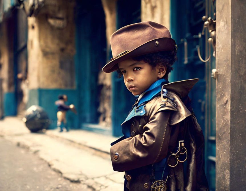 Child in stylish hat and leather jacket on weathered street exudes vintage coolness