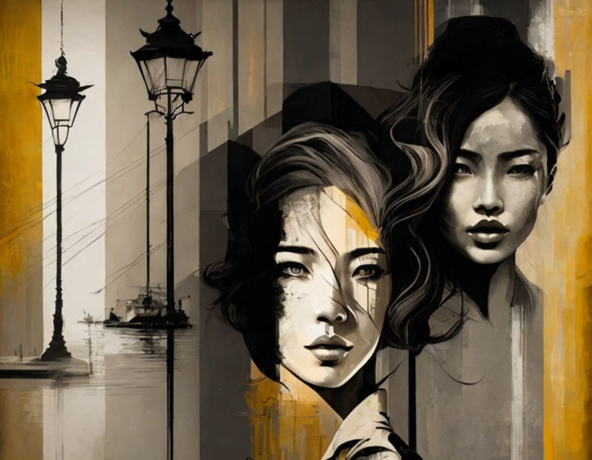 Monochrome artwork: Stylized portraits of two women with expressive eyes, street lamp backdrop.