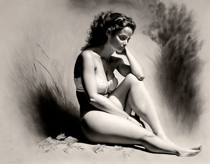 Monochrome illustration of woman in lingerie sitting in field