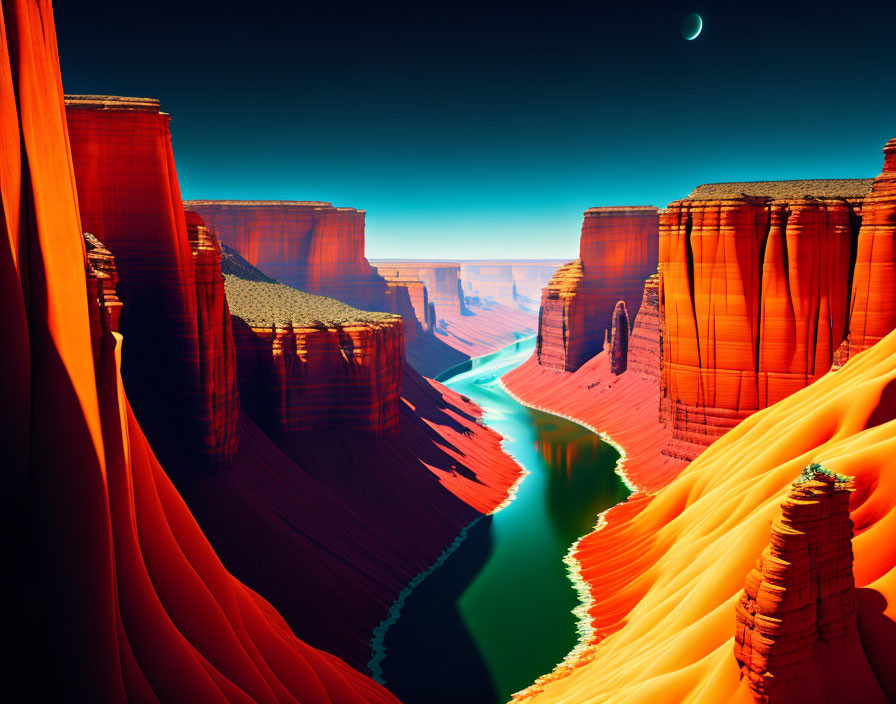 Digital landscape featuring red-orange cliffs, turquoise river, and crescent moon