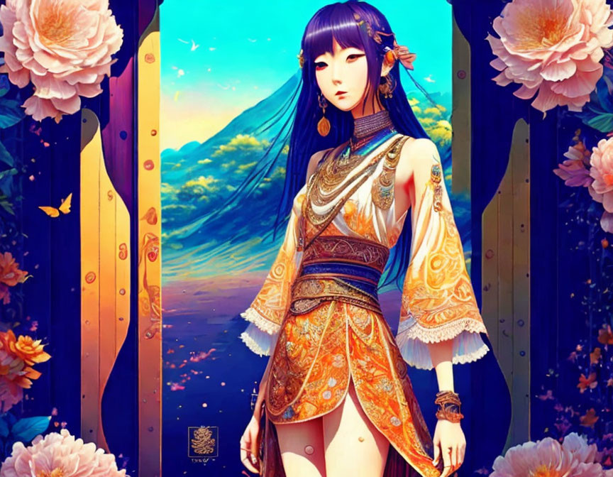 Traditional Asian Attire Woman Illustration in Vibrant Sunset Scene