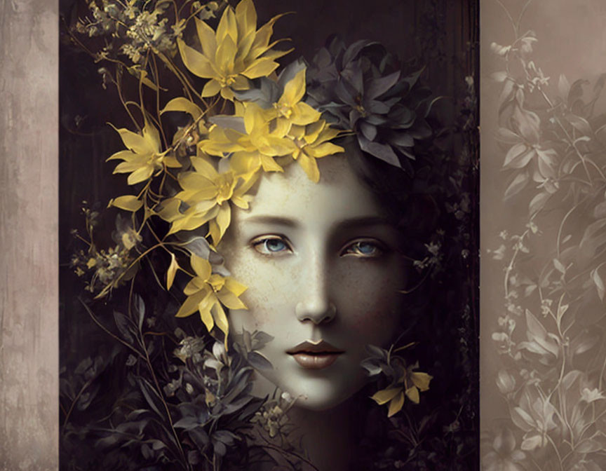 Serene face with yellow flowers and grey leaves on dark background