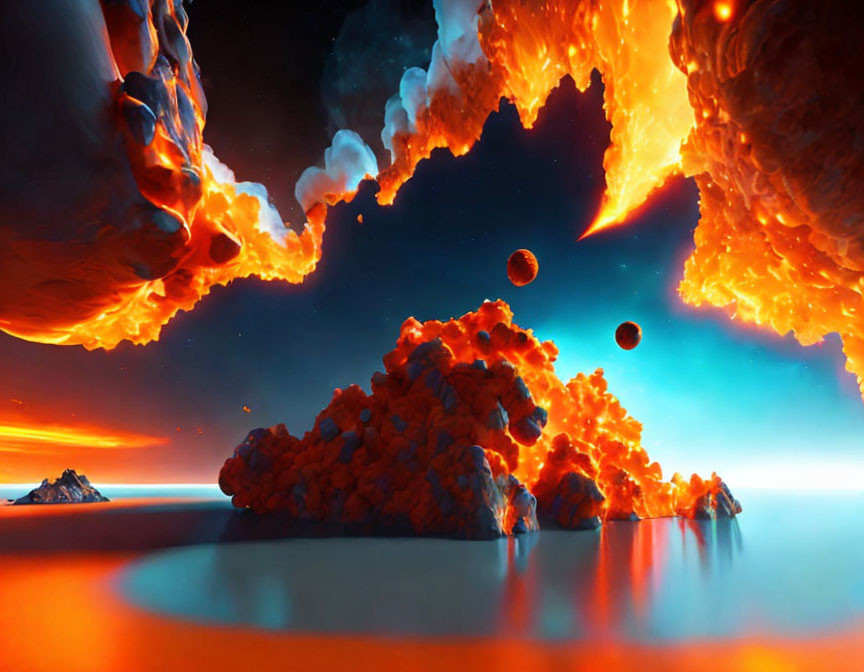 Vibrant sci-fi landscape with glowing lava and floating rocks