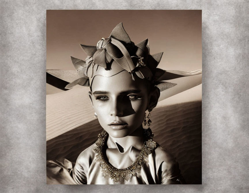 Sepia-toned portrait of woman with avant-garde headpiece and geometric earrings on sand dunes