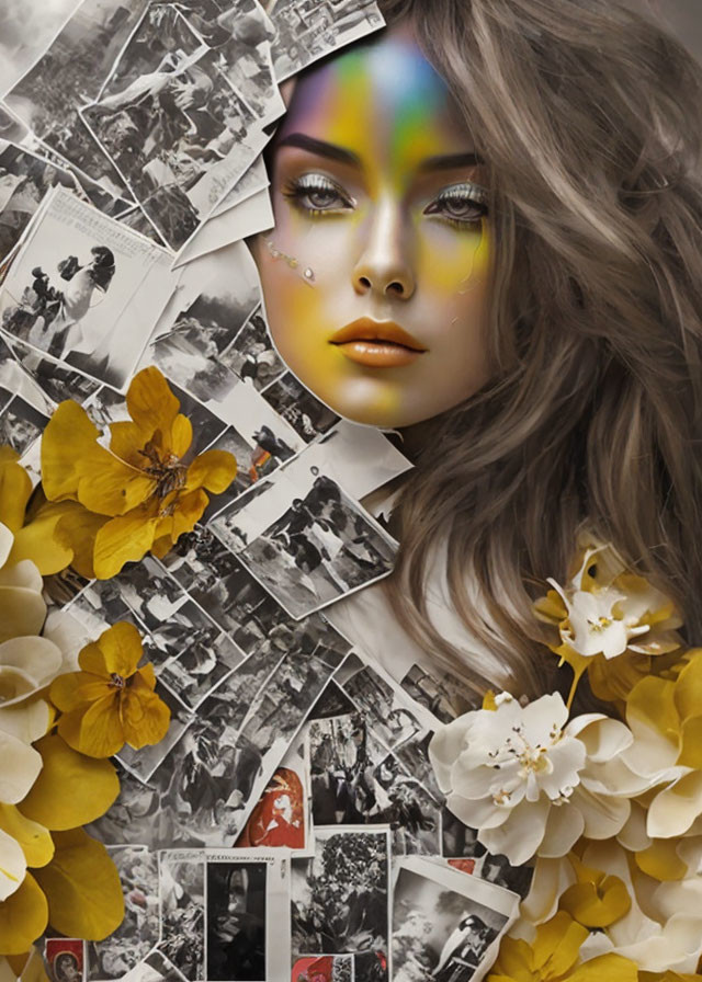 Woman's face with rainbow splash over eye in monochrome backdrop with yellow flowers