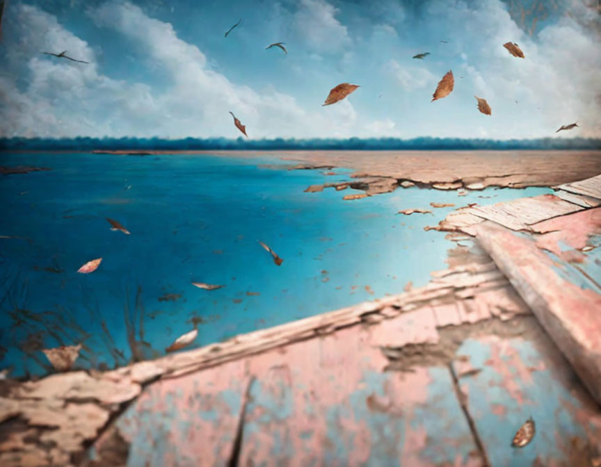 Weathered wooden dock by serene blue lake with autumn leaves and birds in cloudy sky