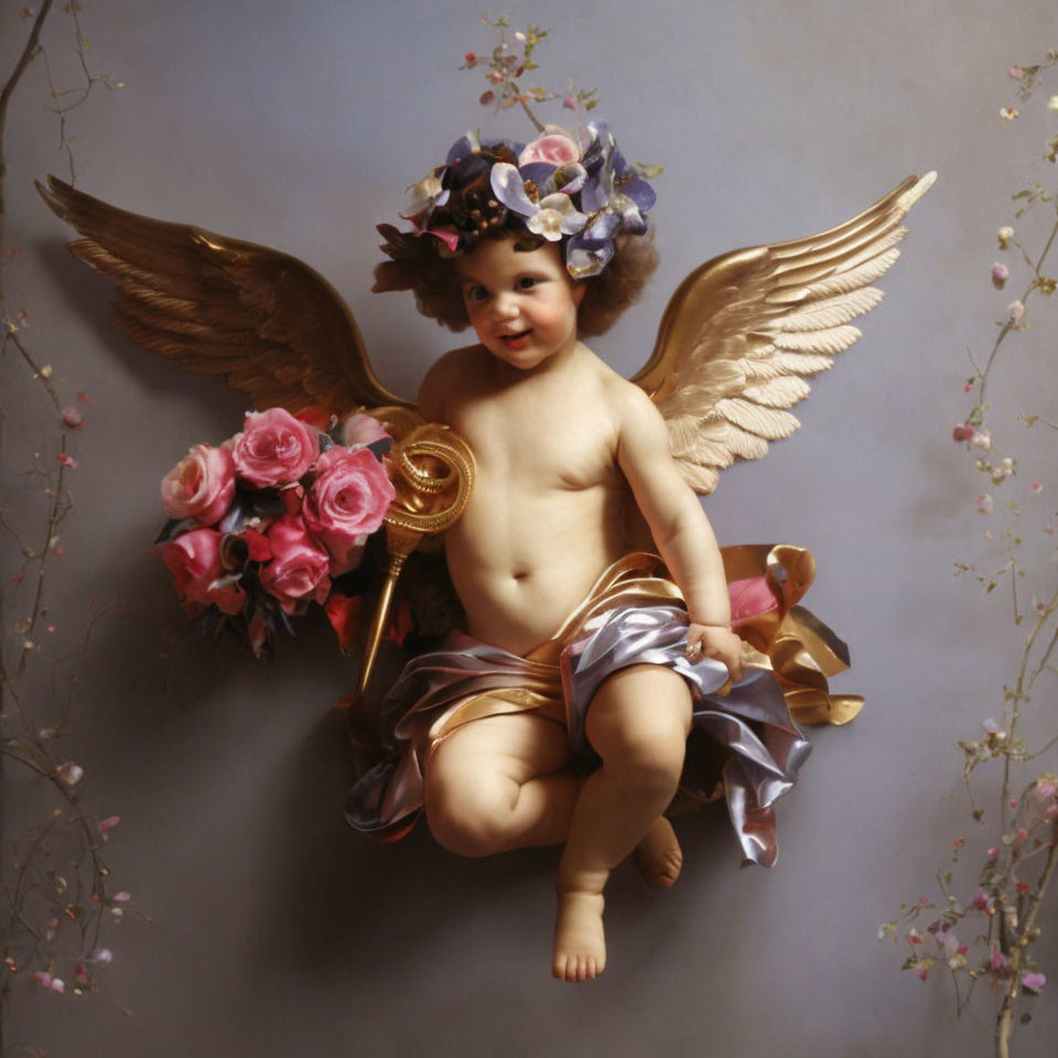 Golden-winged cherub in floral headpiece and silk robe among delicate blossoms