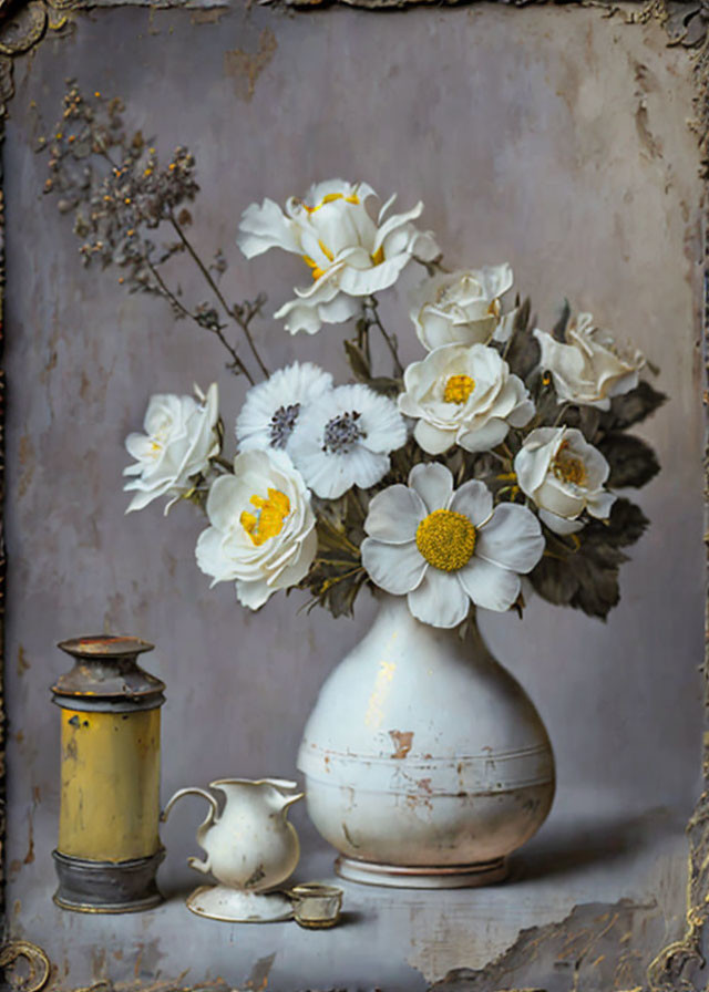 Rustic still life with white flowers, lantern, and porcelain jug