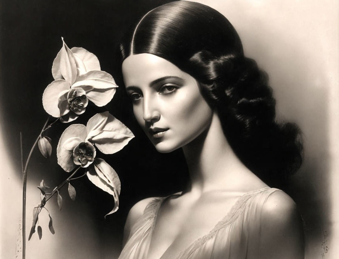 Classic Black and White Portrait of Woman with Braided Hair and Flower