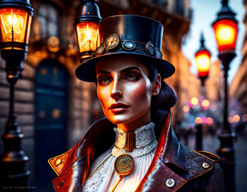 Cyberpunk-themed portrait of a woman in Victorian attire with top hat against cityscape at dusk