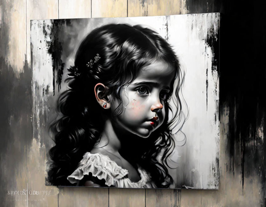 Monochrome painting of a sad young girl with subtle color highlights