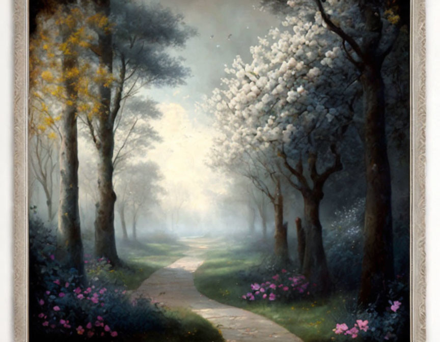 Tranquil painting of misty forest path with blooming trees