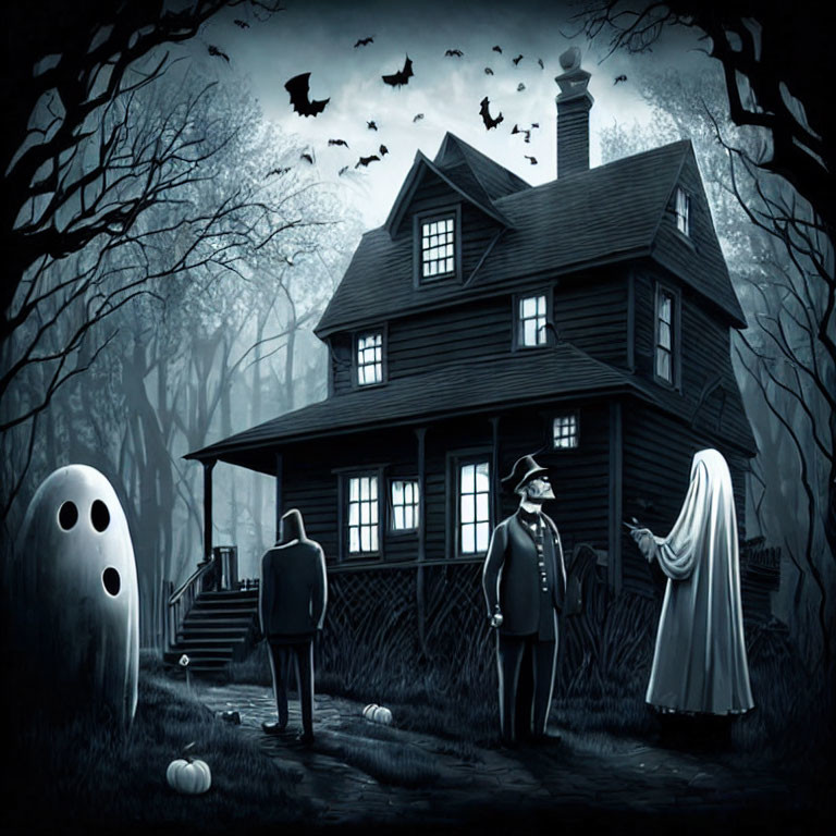 Three figures in costumes at spooky Halloween house