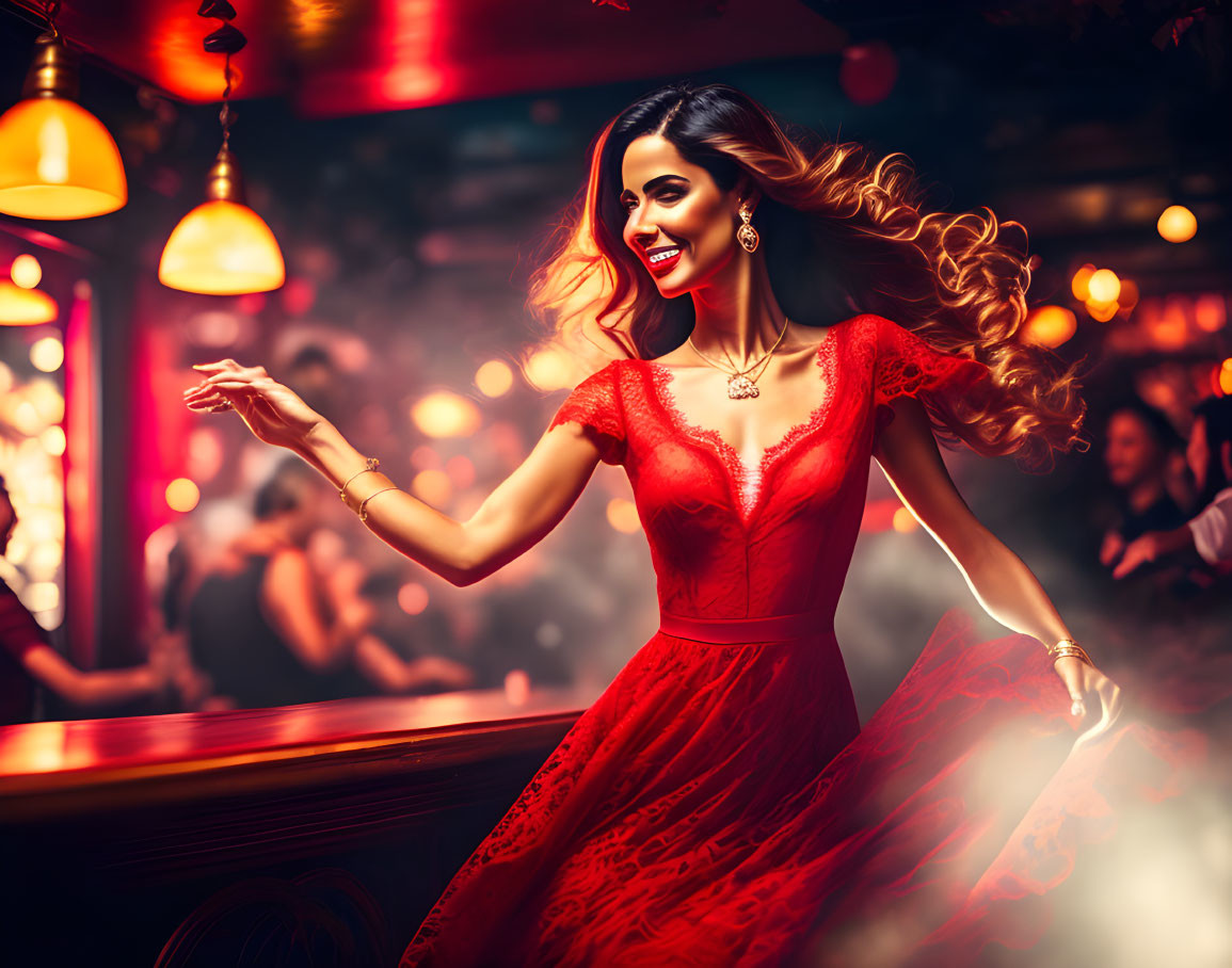 Vibrant woman in red dress dancing in crowded bar with warm lighting