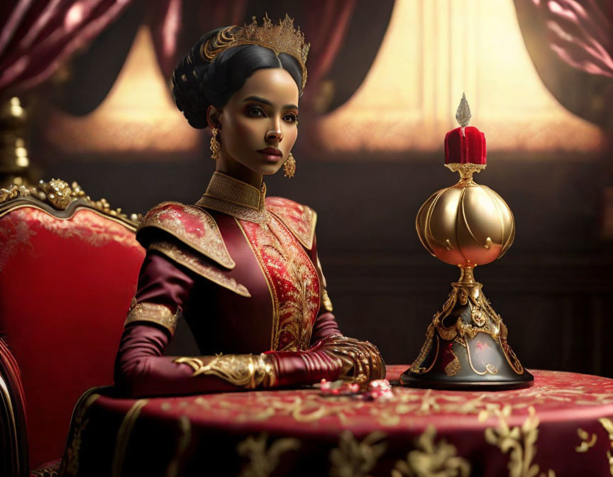 Regal woman with elaborate updo in maroon and gold traditional dress beside golden scepter