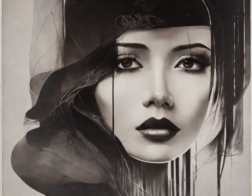 Monochrome portrait of a woman with hat, striking eyes, and contemplative gaze.