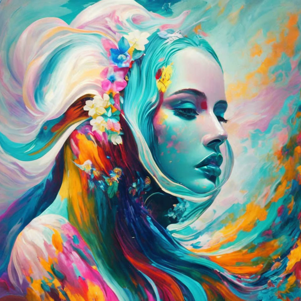 Colorful painting of woman with floral hair on pastel background