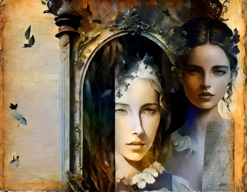 Surreal Artwork: Women's Faces Merge in Vintage Frame with Butterflies