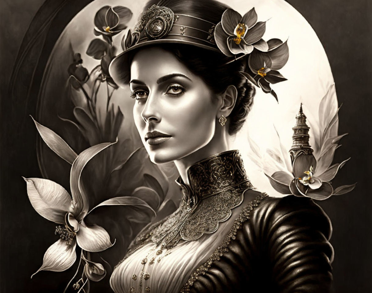 Monochromatic portrait of a woman in vintage attire with floral motifs and a lighthouse.