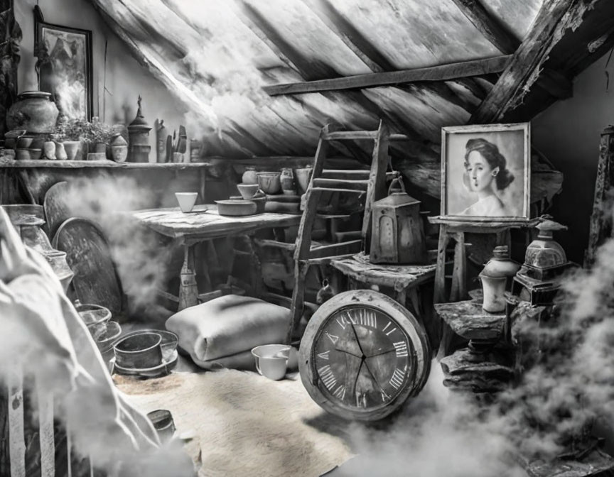 Monochrome image of eclectic attic room with antiques