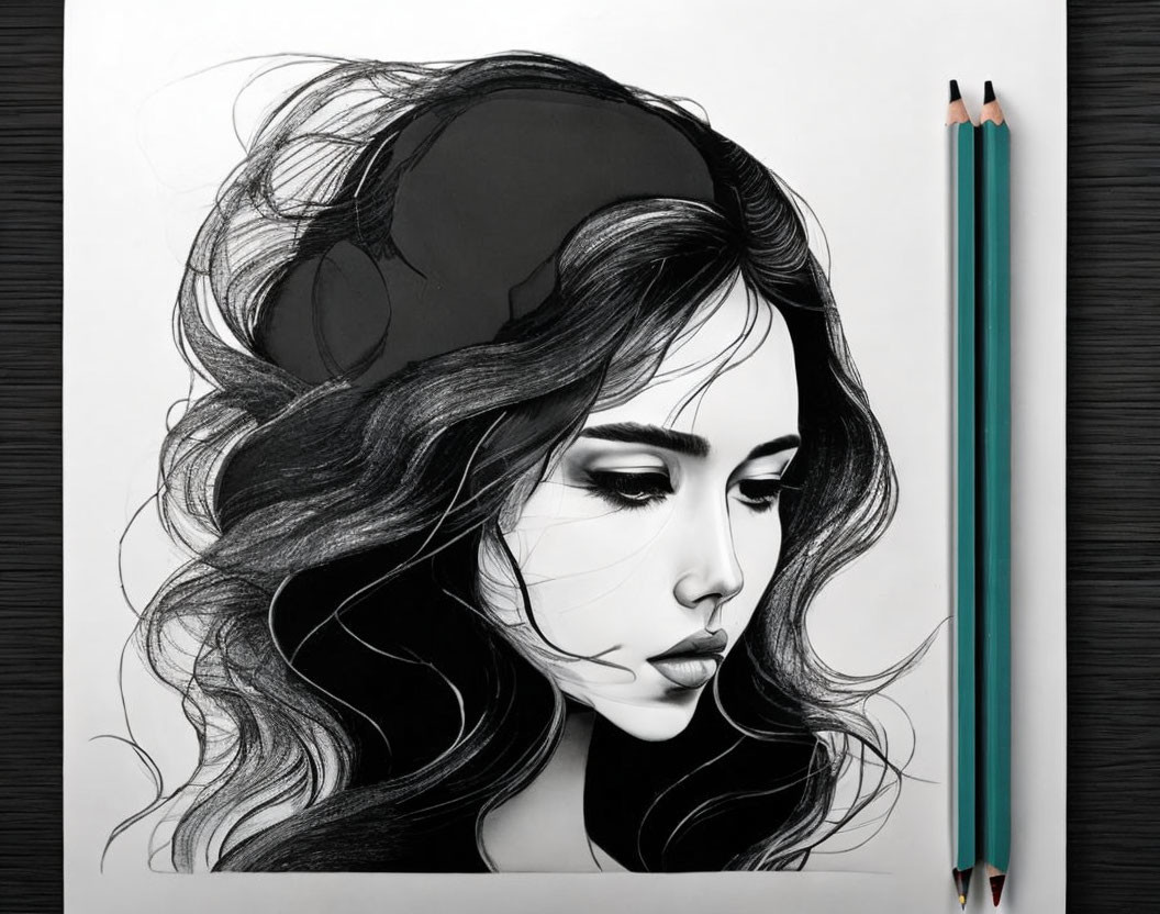 Detailed pencil sketch: woman with voluminous hair and hat in profile, beside two pencils on black surface