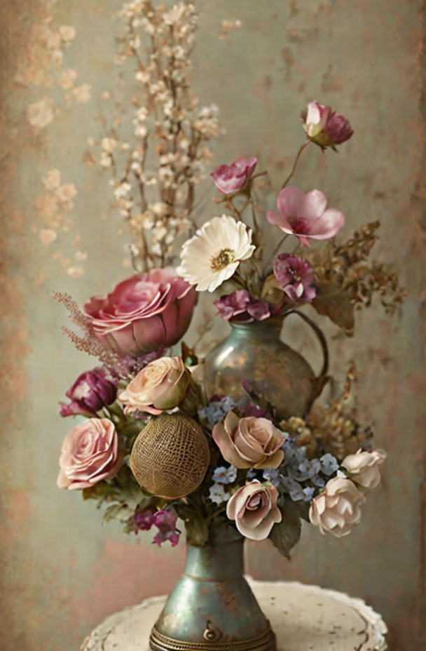 Vintage-style image: Antique vase with delicate flowers on textured backdrop