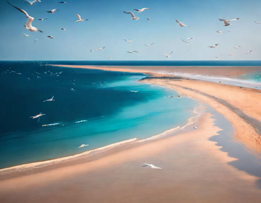 Tranquil aerial view of sandy beach, turquoise sea, river, and seagulls