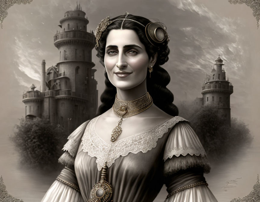 Monochrome digital painting of regal woman in historical attire with castle backdrop