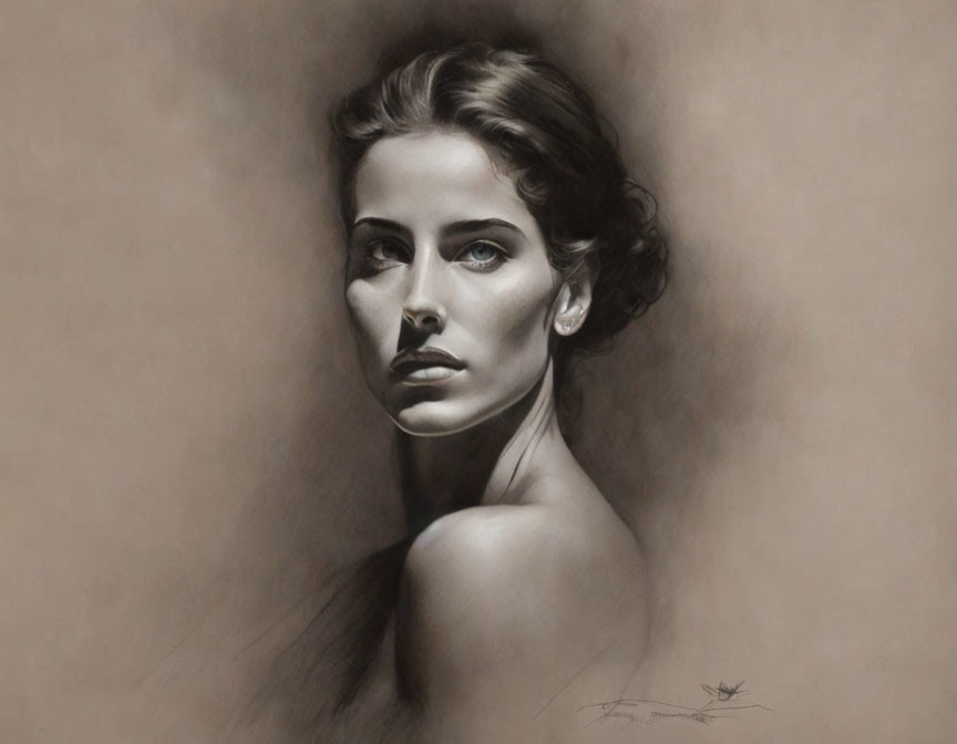 Monochromatic grayscale drawing of a woman with intense gaze and pulled back hair