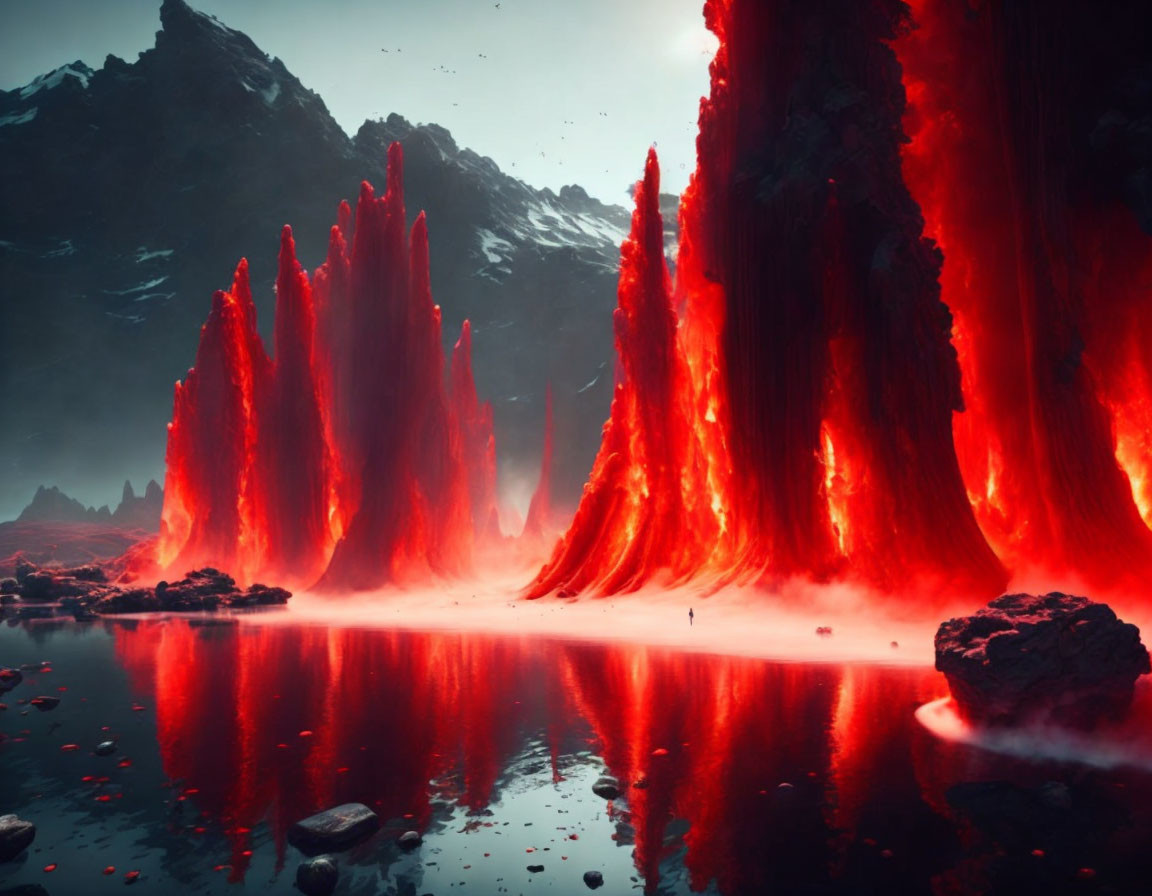 Surreal landscape with red lava formations and solitary figure under dusky sky