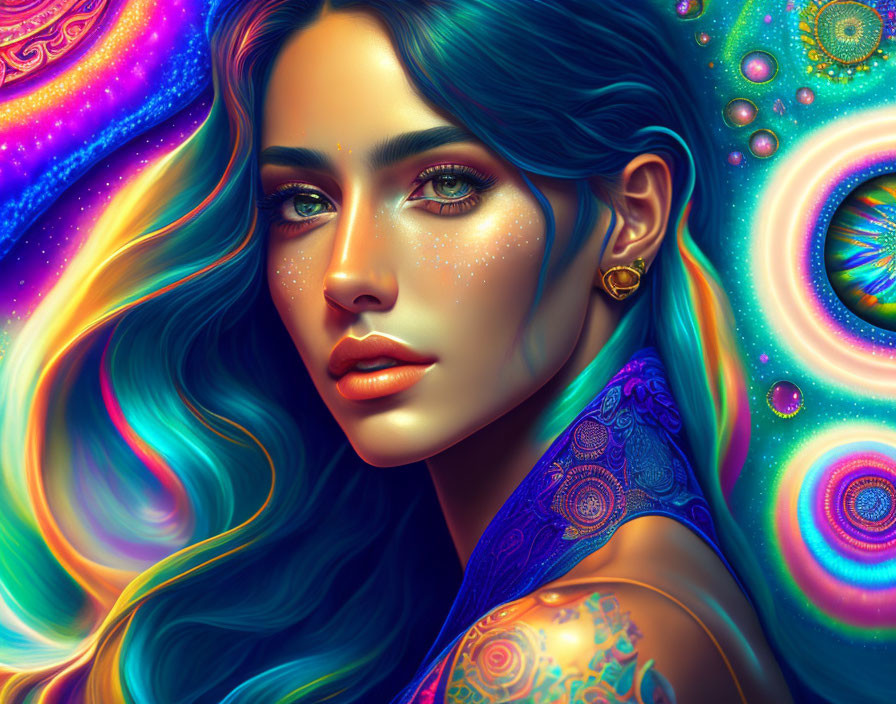 Colorful digital portrait of a woman with multicolored hair, tattoos, and cosmic background