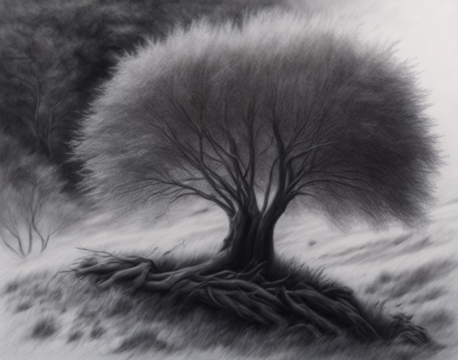 Monochrome drawing of a leafless tree with exposed roots on a barren landscape