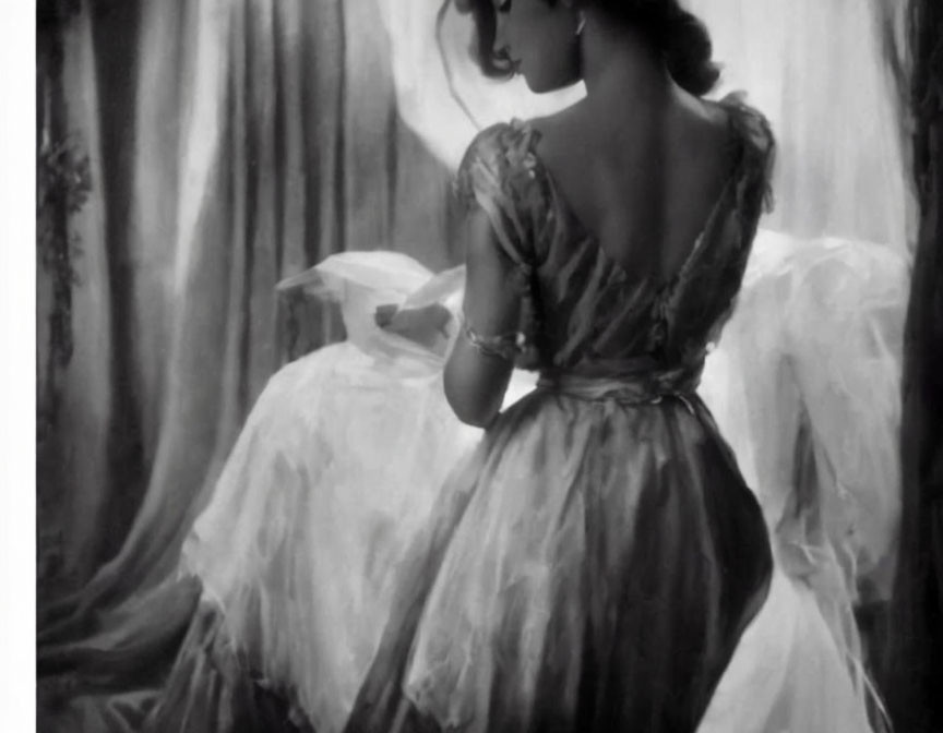 Monochrome image of woman in elegant dress with vintage vibe