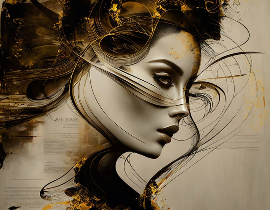 Surreal portrait: woman with flowing hair, abstract golden swirls, and monochrome typographic