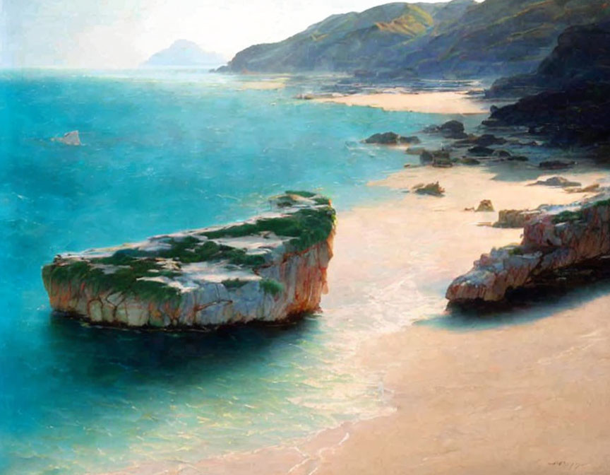 Seaside landscape with rocky outcrops, greenery, turquoise ocean, and hazy mountains.