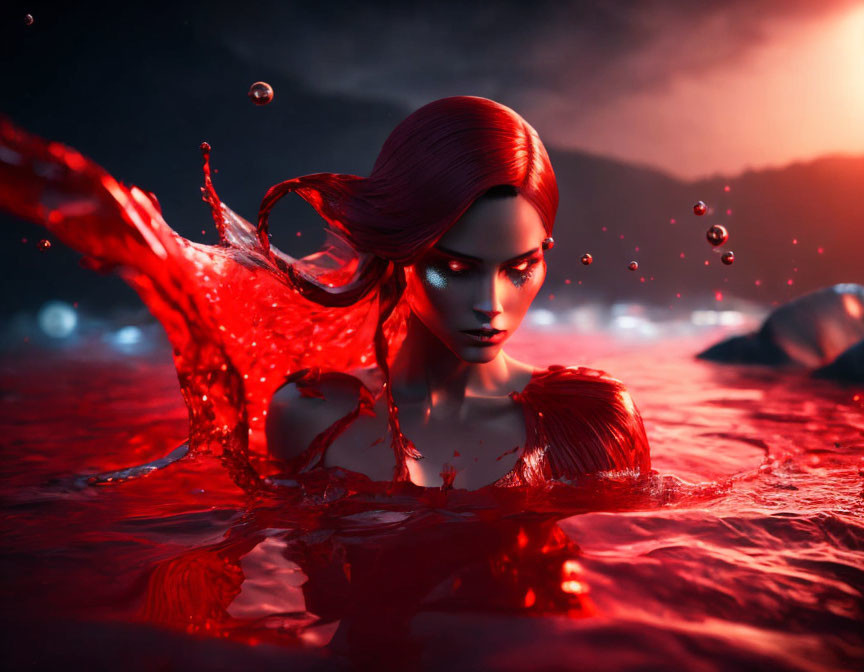 Digital illustration: Woman with red hair in liquid under red sunset