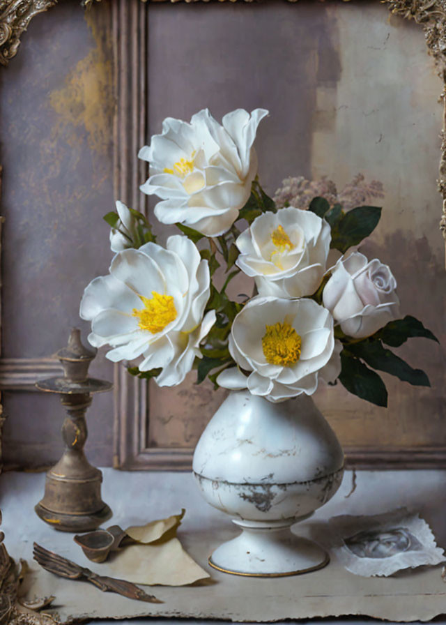 Vintage Still Life: White Roses in Distressed Vase, Antique Frame, Brass Candlestick