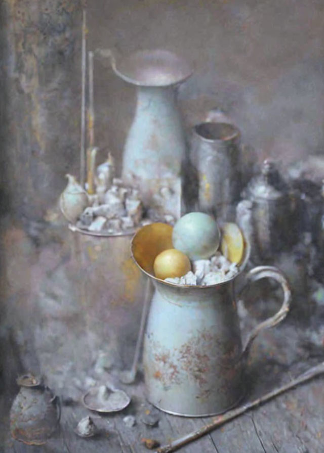 Rustic still life painting with pitcher, eggs, vases, candles