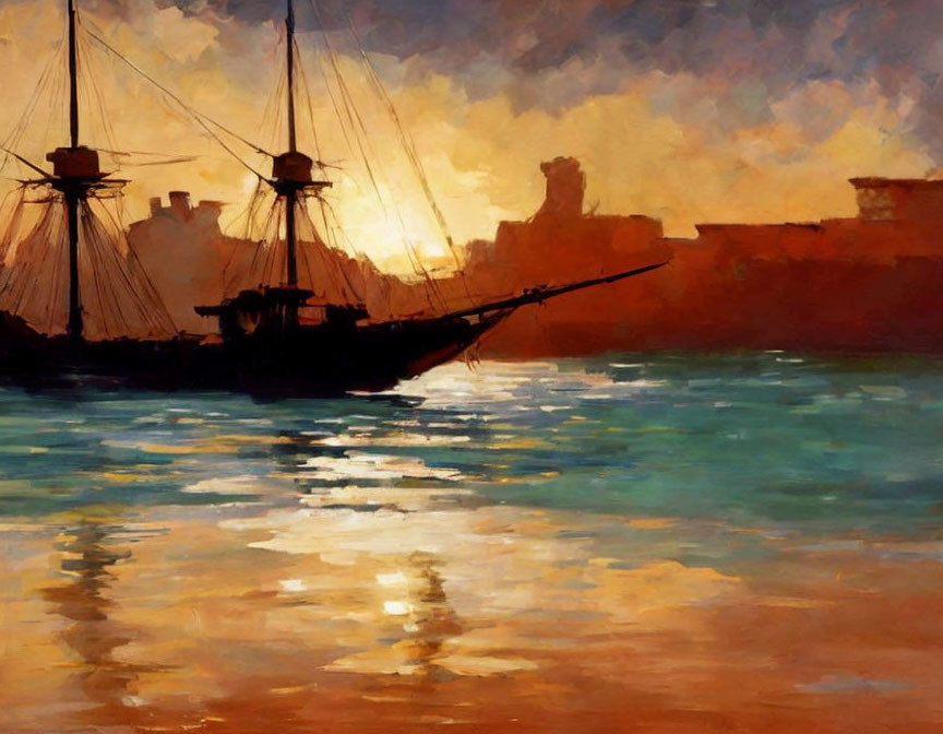 Sailing ship painting: Sunset seascape with fort silhouette