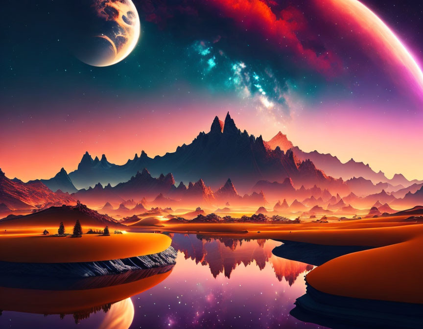 Majestic mountains under colorful sky with moon and planets reflected in serene water